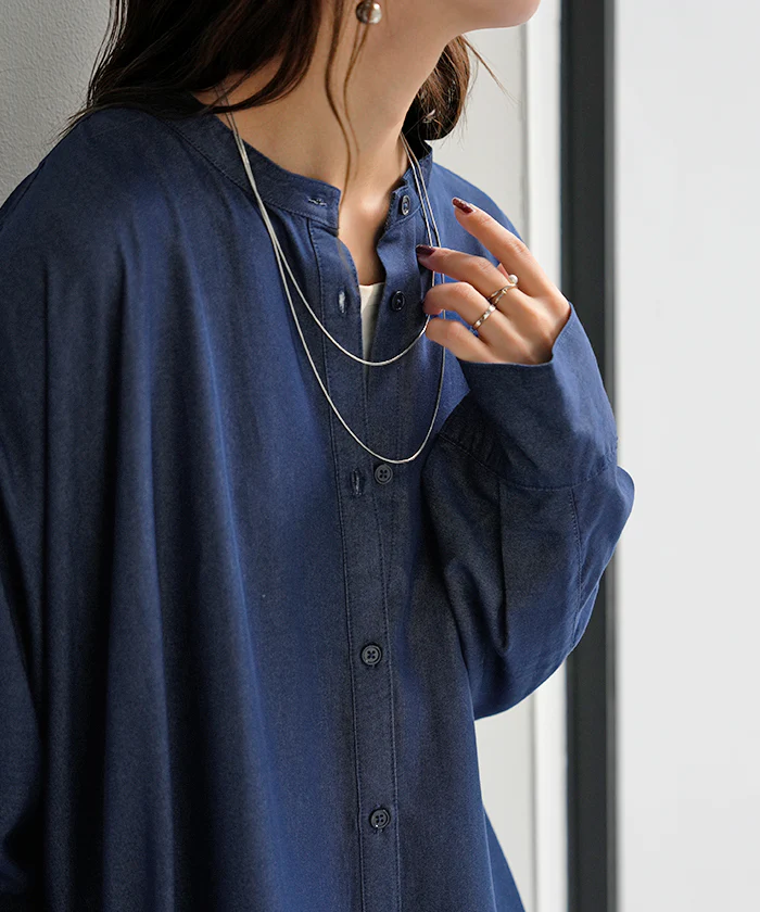 ワンピース シャツワンピース ロング シャツダンガリー レディース ロングワンピース ロングワンピ デニムシャツ デニム ノーカラーワンピース ワンピ 着痩せ Aライン マキシ ロングシャツ ドルマン 羽織 きれいめ 体型カバー 大きいサイズ 春 夏 HUG.U - Image 16