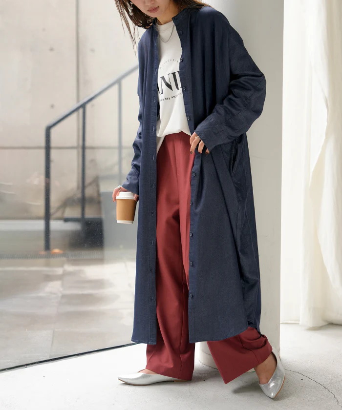 ワンピース シャツワンピース ロング シャツダンガリー レディース ロングワンピース ロングワンピ デニムシャツ デニム ノーカラーワンピース ワンピ 着痩せ Aライン マキシ ロングシャツ ドルマン 羽織 きれいめ 体型カバー 大きいサイズ 春 夏 HUG.U - Image 28