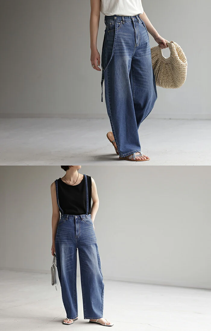 デニム 2way カーブパンツ サロペデニムパンツ パンツ レディース サロペット カーブデニム ジーンズ ジーパン ボトム オールインワン つなぎ ゆったり 体型カバー ボトムス ズボン 脚長 ストレート サスペンダー ワイド 大きいサイズ 春 夏 HUG.U - Image 10