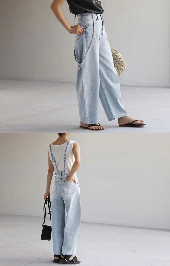 デニム 2way カーブパンツ サロペデニムパンツ パンツ レディース サロペット カーブデニム ジーンズ ジーパン ボトム オールインワン つなぎ ゆったり 体型カバー ボトムス ズボン 脚長 ストレート サスペンダー ワイド 大きいサイズ 春 夏 HUG.U - Image 14