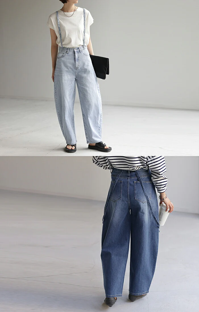 デニム 2way カーブパンツ サロペデニムパンツ パンツ レディース サロペット カーブデニム ジーンズ ジーパン ボトム オールインワン つなぎ ゆったり 体型カバー ボトムス ズボン 脚長 ストレート サスペンダー ワイド 大きいサイズ 春 夏 HUG.U - Image 19