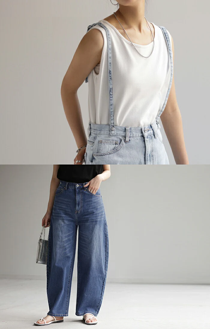 デニム 2way カーブパンツ サロペデニムパンツ パンツ レディース サロペット カーブデニム ジーンズ ジーパン ボトム オールインワン つなぎ ゆったり 体型カバー ボトムス ズボン 脚長 ストレート サスペンダー ワイド 大きいサイズ 春 夏 HUG.U - Image 5