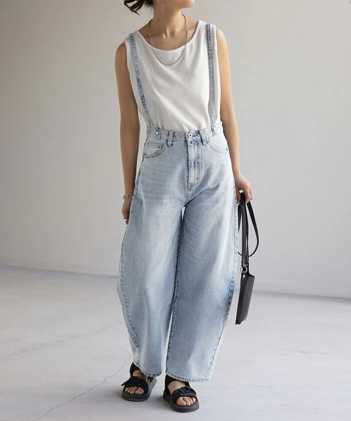 デニム 2way カーブパンツ サロペデニムパンツ パンツ レディース サロペット カーブデニム ジーンズ ジーパン ボトム オールインワン つなぎ ゆったり 体型カバー ボトムス ズボン 脚長 ストレート サスペンダー ワイド 大きいサイズ 春 夏 HUG.U - Image 6