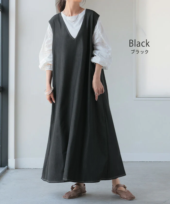 ワンピース 低身長さん向け デニム ワンピ レディース ■一部7月中旬入荷 ジャンパースカート ジャンスカ Aライン ロングワンピース ロングワンピ ロング ノースリーブ デニムワンピ Vネック 体型カバー 大きいサイズ 深V きれいめ ブラック ブルー 春 夏 HUG.U - Image 11