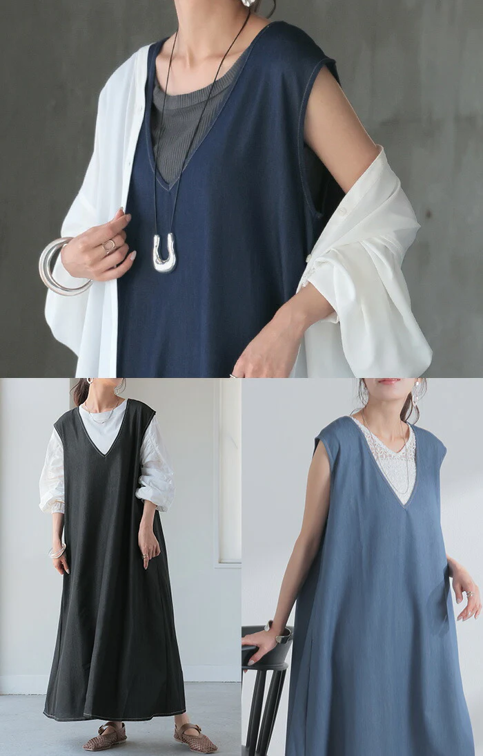 ワンピース 低身長さん向け デニム ワンピ レディース ■一部7月中旬入荷 ジャンパースカート ジャンスカ Aライン ロングワンピース ロングワンピ ロング ノースリーブ デニムワンピ Vネック 体型カバー 大きいサイズ 深V きれいめ ブラック ブルー 春 夏 HUG.U - Image 15