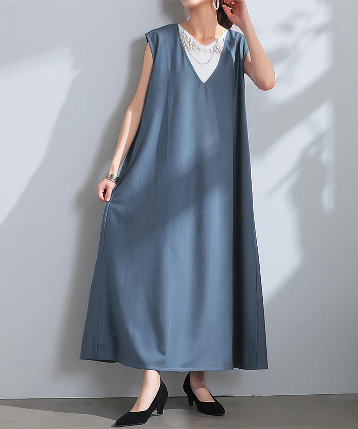 ワンピース 低身長さん向け デニム ワンピ レディース ■一部7月中旬入荷 ジャンパースカート ジャンスカ Aライン ロングワンピース ロングワンピ ロング ノースリーブ デニムワンピ Vネック 体型カバー 大きいサイズ 深V きれいめ ブラック ブルー 春 夏 HUG.U - Image 26