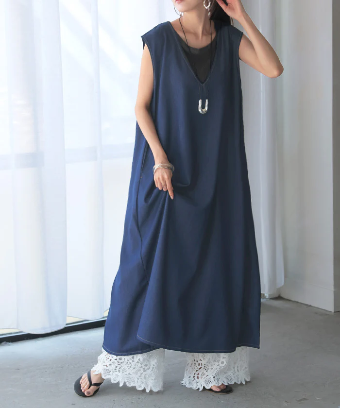 ワンピース 低身長さん向け デニム ワンピ レディース ■一部7月中旬入荷 ジャンパースカート ジャンスカ Aライン ロングワンピース ロングワンピ ロング ノースリーブ デニムワンピ Vネック 体型カバー 大きいサイズ 深V きれいめ ブラック ブルー 春 夏 HUG.U - Image 27