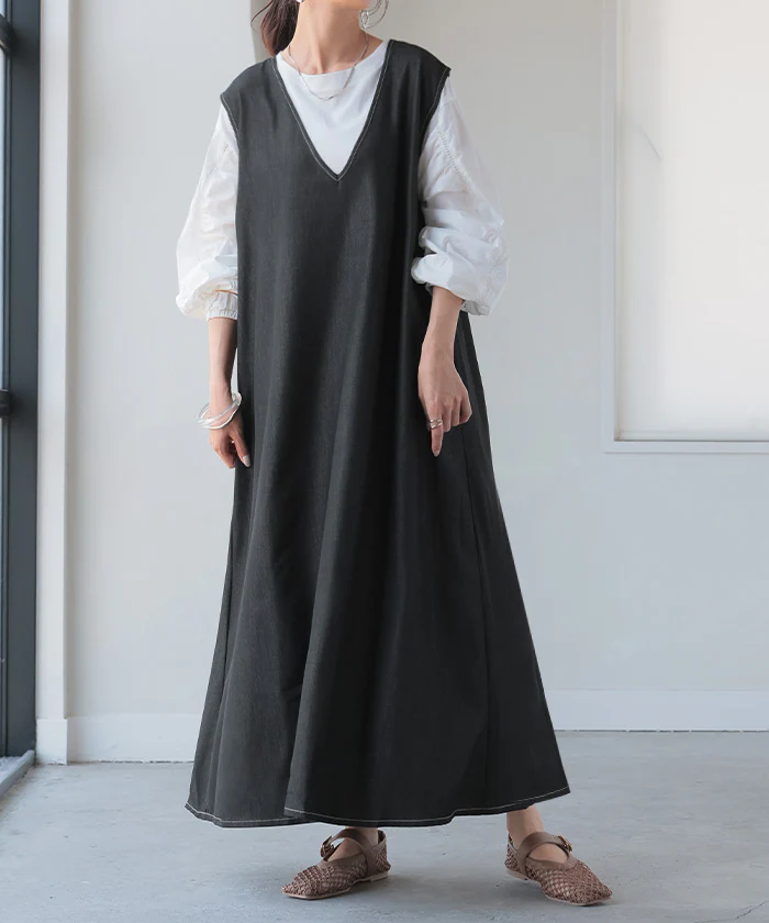 ワンピース 低身長さん向け デニム ワンピ レディース ■一部7月中旬入荷 ジャンパースカート ジャンスカ Aライン ロングワンピース ロングワンピ ロング ノースリーブ デニムワンピ Vネック 体型カバー 大きいサイズ 深V きれいめ ブラック ブルー 春 夏 HUG.U - Image 28