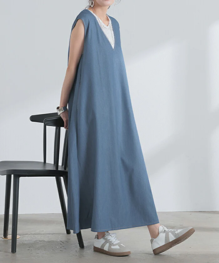 ワンピース 低身長さん向け デニム ワンピ レディース ■一部7月中旬入荷 ジャンパースカート ジャンスカ Aライン ロングワンピース ロングワンピ ロング ノースリーブ デニムワンピ Vネック 体型カバー 大きいサイズ 深V きれいめ ブラック ブルー 春 夏 HUG.U - Image 5