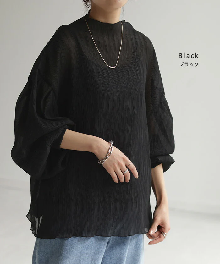 ブラウス ぽわん袖 トップス シアー レディース ハイネック 無地 きれいめ 長袖 ロング Tシャツ ロンT ドルマン ゆったり シースルー プリーツ 体型カバー ボートネック 薄手 透け お洒落 シャツ タートル ストレッチ オフィス グリーン 黒 春 夏 HUG.U メール便 - Image 13