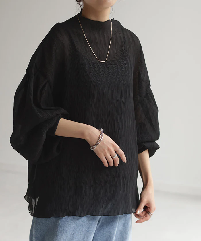 ブラウス ぽわん袖 トップス シアー レディース ハイネック 無地 きれいめ 長袖 ロング Tシャツ ロンT ドルマン ゆったり シースルー プリーツ 体型カバー ボートネック 薄手 透け お洒落 シャツ タートル ストレッチ オフィス グリーン 黒 春 夏 HUG.U メール便 - Image 28