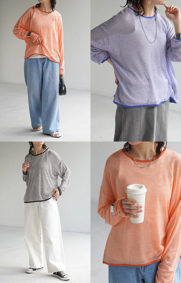 ロンT トップス レディース シアー ボーダー ボーダートップス シアートップス プルオーバー Tシャツ 体型カバー オーバーサイズ 長袖 二の腕カバー パイピング 丸首 薄手 透け レイヤード ロング Uネック ゆる 大きいサイズ 黒 春 夏 HUG.U メール便 - Image 17