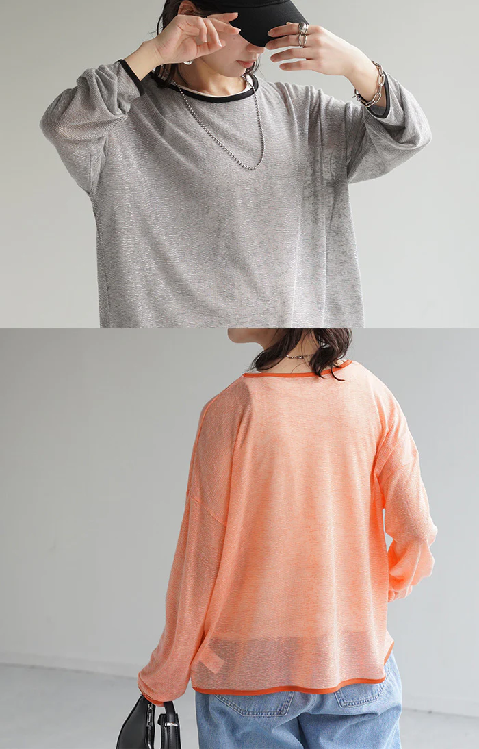 ロンT トップス レディース シアー ボーダー ボーダートップス シアートップス プルオーバー Tシャツ 体型カバー オーバーサイズ 長袖 二の腕カバー パイピング 丸首 薄手 透け レイヤード ロング Uネック ゆる 大きいサイズ 黒 春 夏 HUG.U メール便 - Image 22