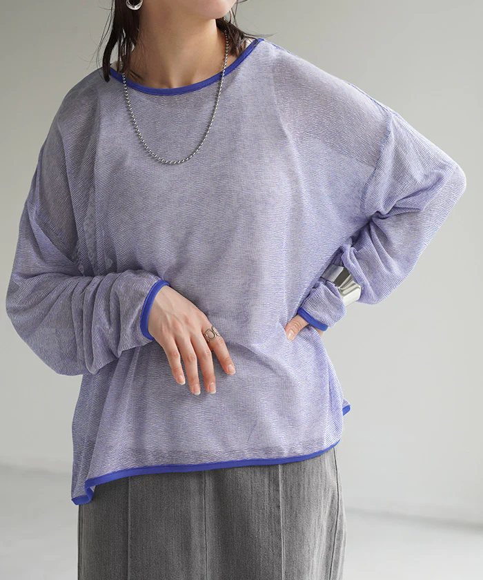 ロンT トップス レディース シアー ボーダー ボーダートップス シアートップス プルオーバー Tシャツ 体型カバー オーバーサイズ 長袖 二の腕カバー パイピング 丸首 薄手 透け レイヤード ロング Uネック ゆる 大きいサイズ 黒 春 夏 HUG.U メール便 - Image 39