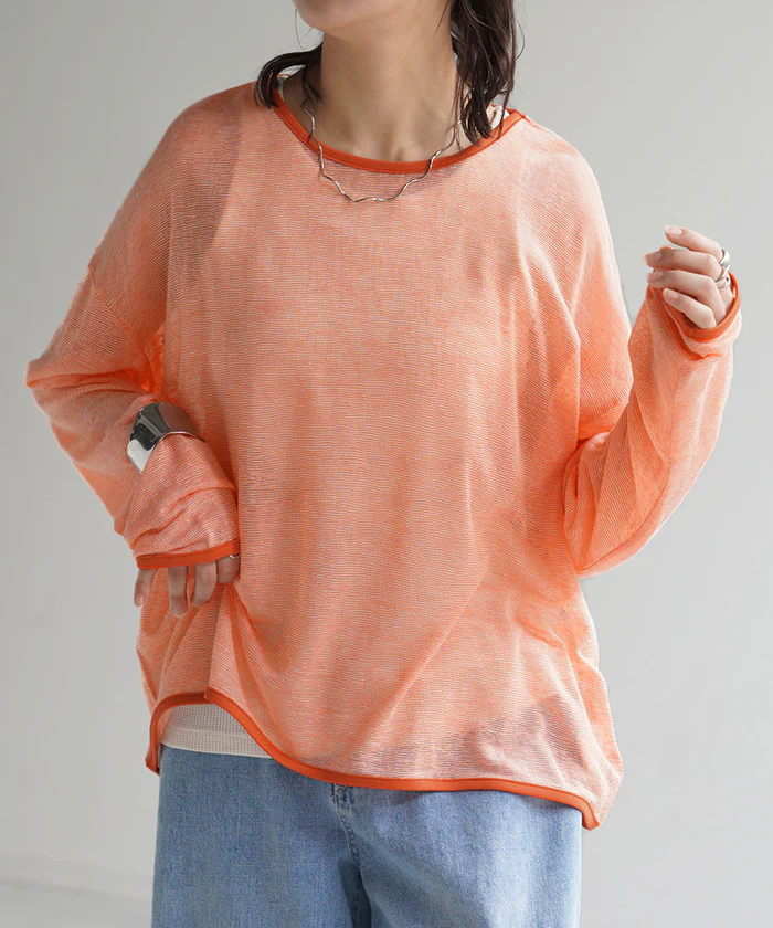 ロンT トップス レディース シアー ボーダー ボーダートップス シアートップス プルオーバー Tシャツ 体型カバー オーバーサイズ 長袖 二の腕カバー パイピング 丸首 薄手 透け レイヤード ロング Uネック ゆる 大きいサイズ 黒 春 夏 HUG.U メール便 - Image 5