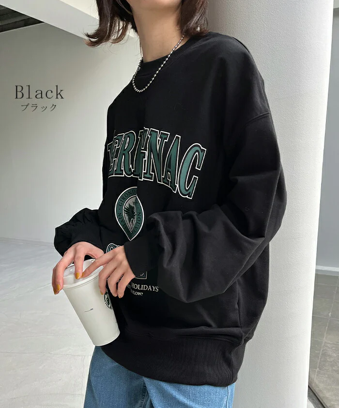 ロンT ロゴ トレーナー カットソー レディース ロゴT オーバーサイズ 長袖 Tシャツ ロング カレッジロゴ チュニック スエット スウェット プリント ドルマン 大きいサイズ きれいめ トップス ぽわん袖 薄手 体型カバー お洒落 黒 春 夏 HUG.U - Image 3