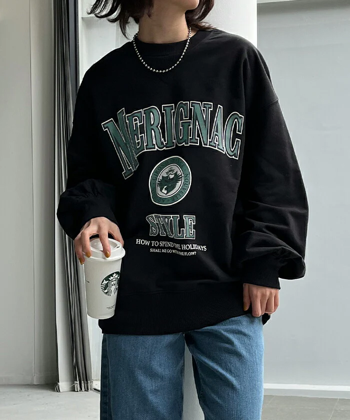 ロンT ロゴ トレーナー カットソー レディース ロゴT オーバーサイズ 長袖 Tシャツ ロング カレッジロゴ チュニック スエット スウェット プリント ドルマン 大きいサイズ きれいめ トップス ぽわん袖 薄手 体型カバー お洒落 黒 春 夏 HUG.U - Image 9