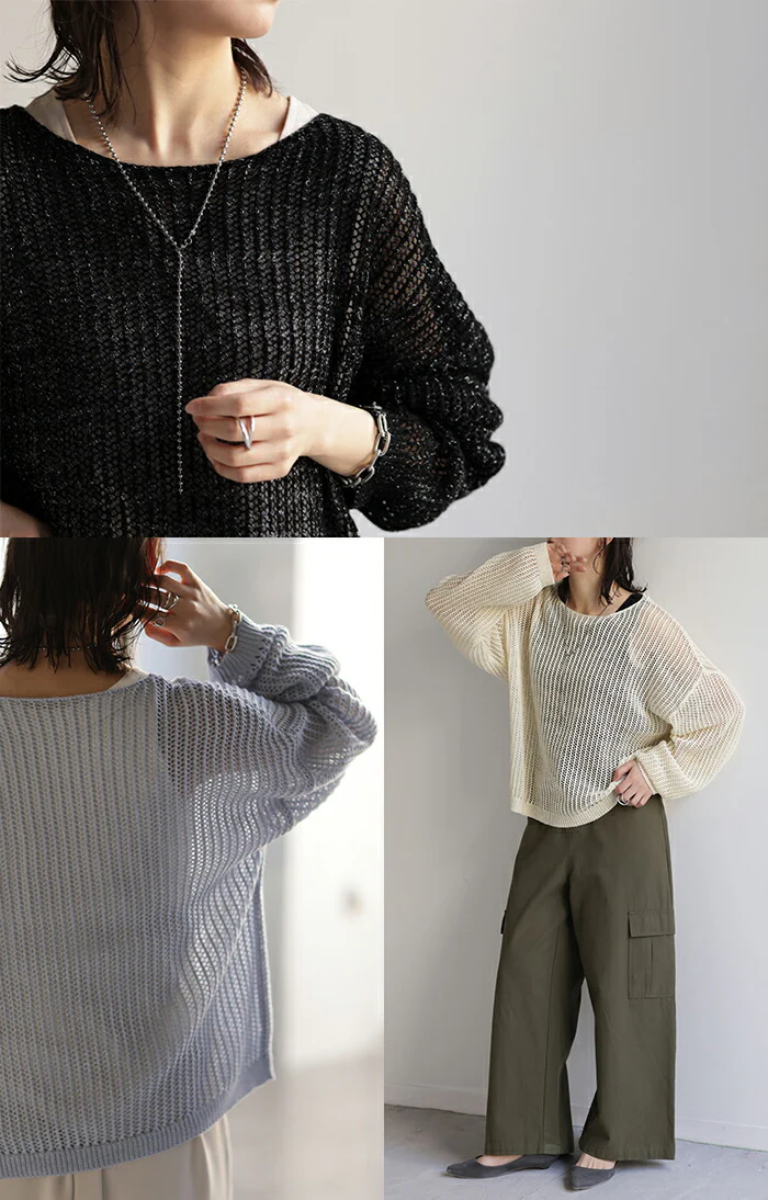 ニット 透かし編み シアー プルオーバー ラメ入り ざっくり レディース セーター 大人 重ね 体型カバー トップス オーバーサイズ 長袖 二の腕カバー メッシュ ラメ レイヤード ロング ボートネック ゆる ぽわん袖 大きいサイズ ブルー 黒 春 夏 HUG.U - Image 16