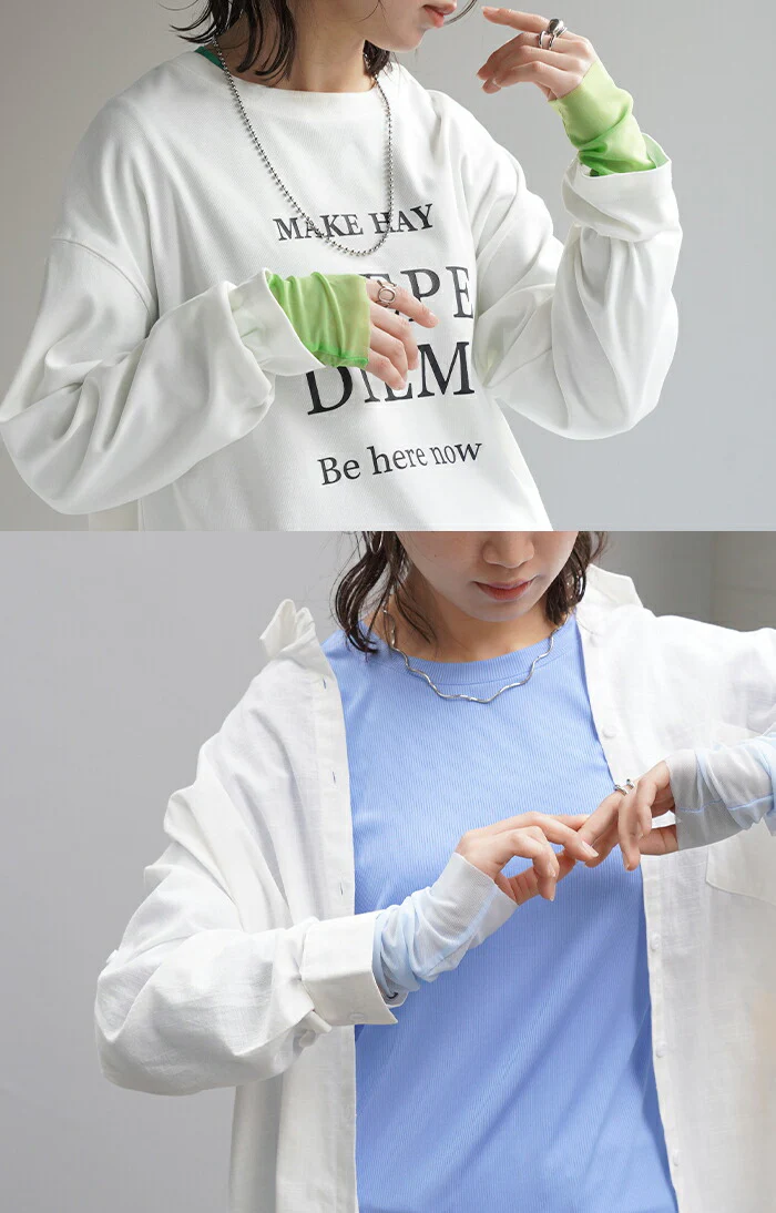 トップス 袖 シアー カットソー レディース Tシャツ ロンT レイヤード インナー 長袖 無地 透け 重ね着 薄手 きれいめ メッシュ メッシュトップス シアーインナー ストレッチ Uネック 体型カバー 大きいサイズ グリーン ブラック 春 夏 HUG.U メール便 - Image 2