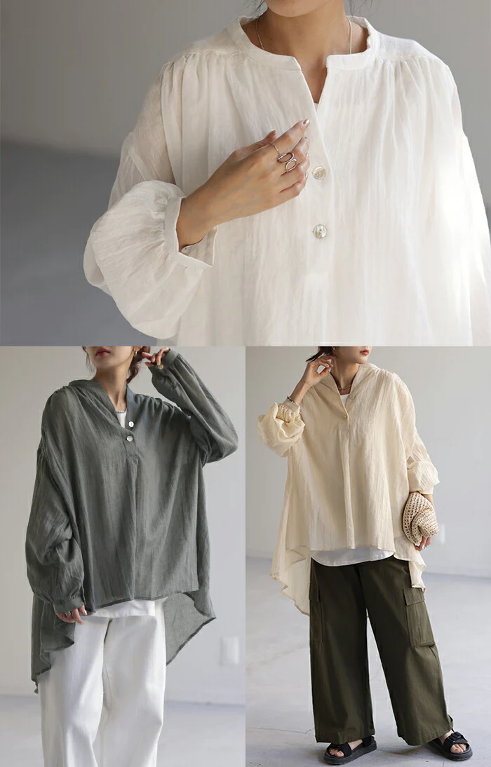 シャツ ナチュラル スキッパー チュニック バンドカラー トップス レディース ギャザー ロングシャツ 長袖 ノーカラー ロング ブラウス シャツワンピ シボ感 ゆる ビッグ 体型カバー 長い オーバーサイズ 大きいサイズ きれいめ 無地 白 春 夏 HUG.U メール便 - Image 22