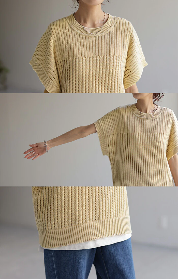 【夏セール】 サマーニット 透かし編み ニット 二の腕カバー レディース トップス Tシャツ コクーン ドルマンスリーブ ニットトップス セーター フレンチスリーブ 丸首 半袖 大きいサイズ ゆったり 変形 ロング 体型カバー お尻が隠れる イエロー 青 春 夏 HUG.U - Image 15