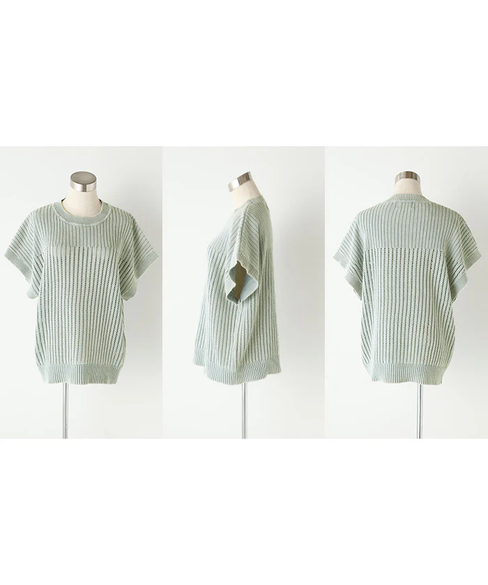 【夏セール】 サマーニット 透かし編み ニット 二の腕カバー レディース トップス Tシャツ コクーン ドルマンスリーブ ニットトップス セーター フレンチスリーブ 丸首 半袖 大きいサイズ ゆったり 変形 ロング 体型カバー お尻が隠れる イエロー 青 春 夏 HUG.U - Image 16
