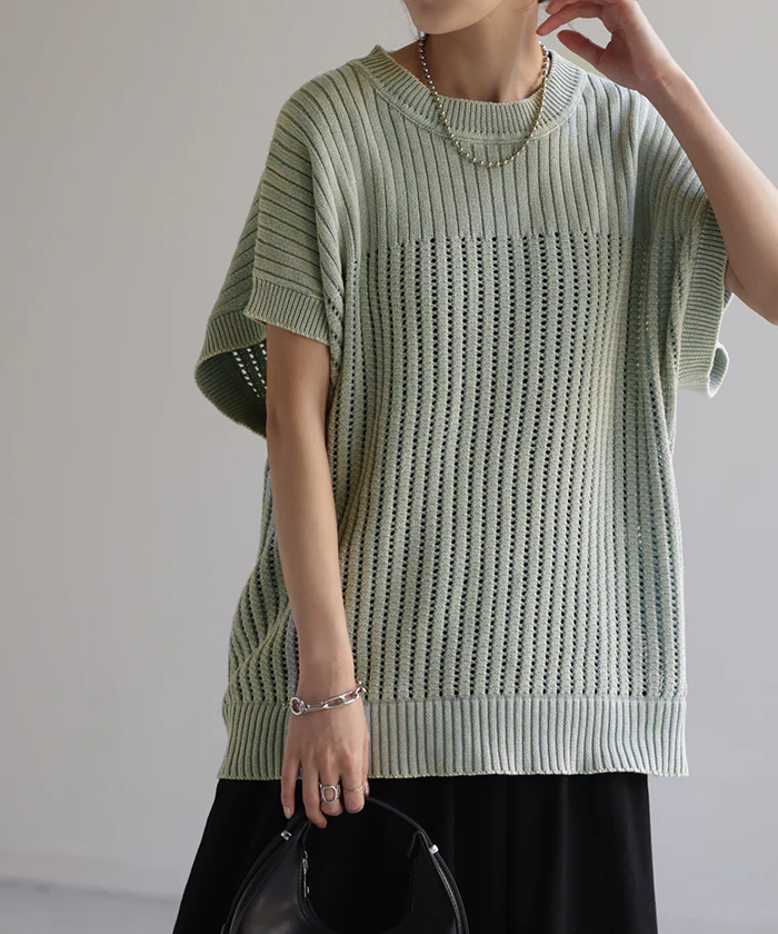 【夏セール】 サマーニット 透かし編み ニット 二の腕カバー レディース トップス Tシャツ コクーン ドルマンスリーブ ニットトップス セーター フレンチスリーブ 丸首 半袖 大きいサイズ ゆったり 変形 ロング 体型カバー お尻が隠れる イエロー 青 春 夏 HUG.U - Image 20