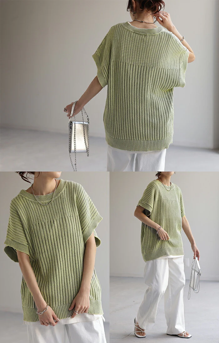 【夏セール】 サマーニット 透かし編み ニット 二の腕カバー レディース トップス Tシャツ コクーン ドルマンスリーブ ニットトップス セーター フレンチスリーブ 丸首 半袖 大きいサイズ ゆったり 変形 ロング 体型カバー お尻が隠れる イエロー 青 春 夏 HUG.U - Image 29