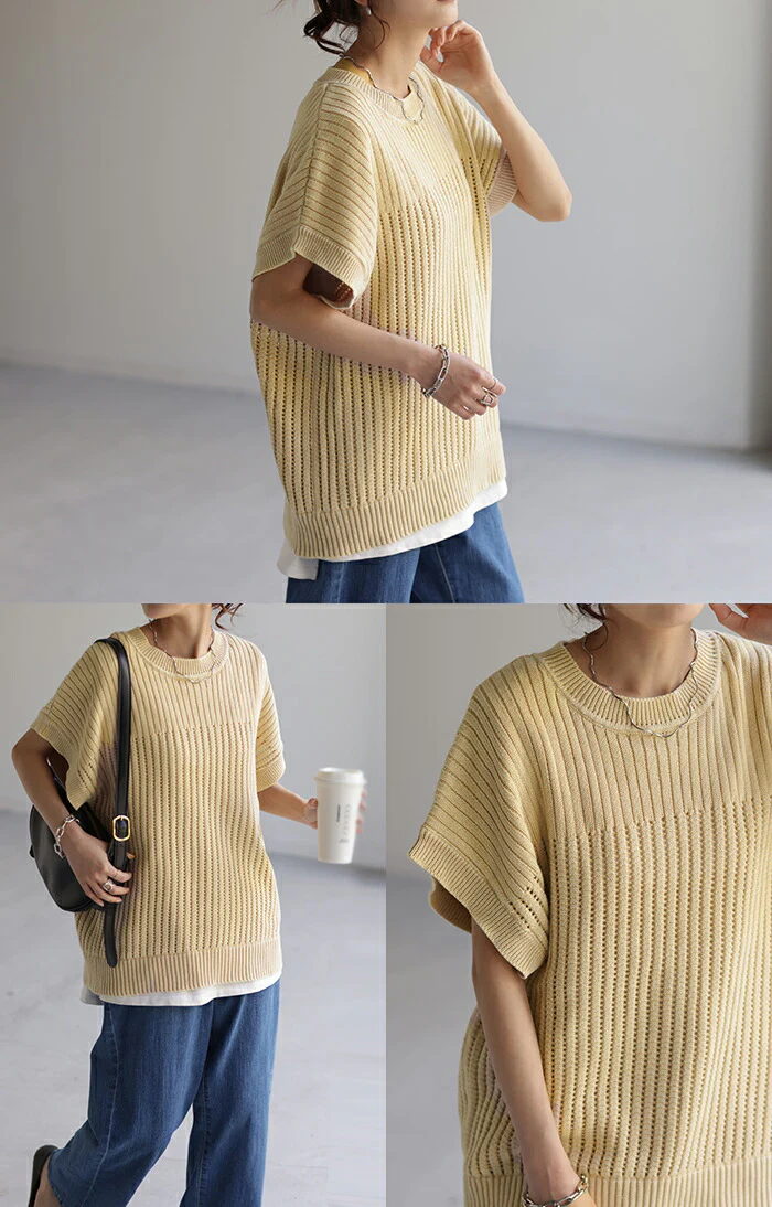 【夏セール】 サマーニット 透かし編み ニット 二の腕カバー レディース トップス Tシャツ コクーン ドルマンスリーブ ニットトップス セーター フレンチスリーブ 丸首 半袖 大きいサイズ ゆったり 変形 ロング 体型カバー お尻が隠れる イエロー 青 春 夏 HUG.U - Image 5