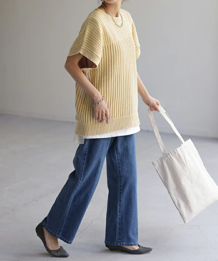 【夏セール】 サマーニット 透かし編み ニット 二の腕カバー レディース トップス Tシャツ コクーン ドルマンスリーブ ニットトップス セーター フレンチスリーブ 丸首 半袖 大きいサイズ ゆったり 変形 ロング 体型カバー お尻が隠れる イエロー 青 春 夏 HUG.U - Image 6