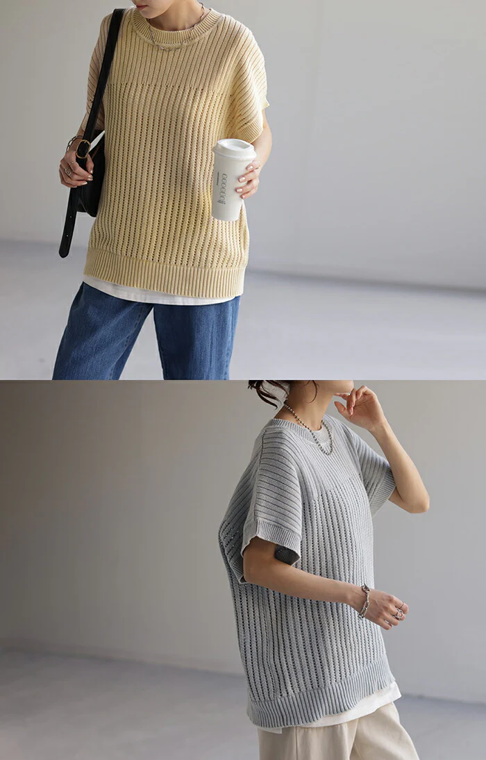 【夏セール】 サマーニット 透かし編み ニット 二の腕カバー レディース トップス Tシャツ コクーン ドルマンスリーブ ニットトップス セーター フレンチスリーブ 丸首 半袖 大きいサイズ ゆったり 変形 ロング 体型カバー お尻が隠れる イエロー 青 春 夏 HUG.U - Image 7