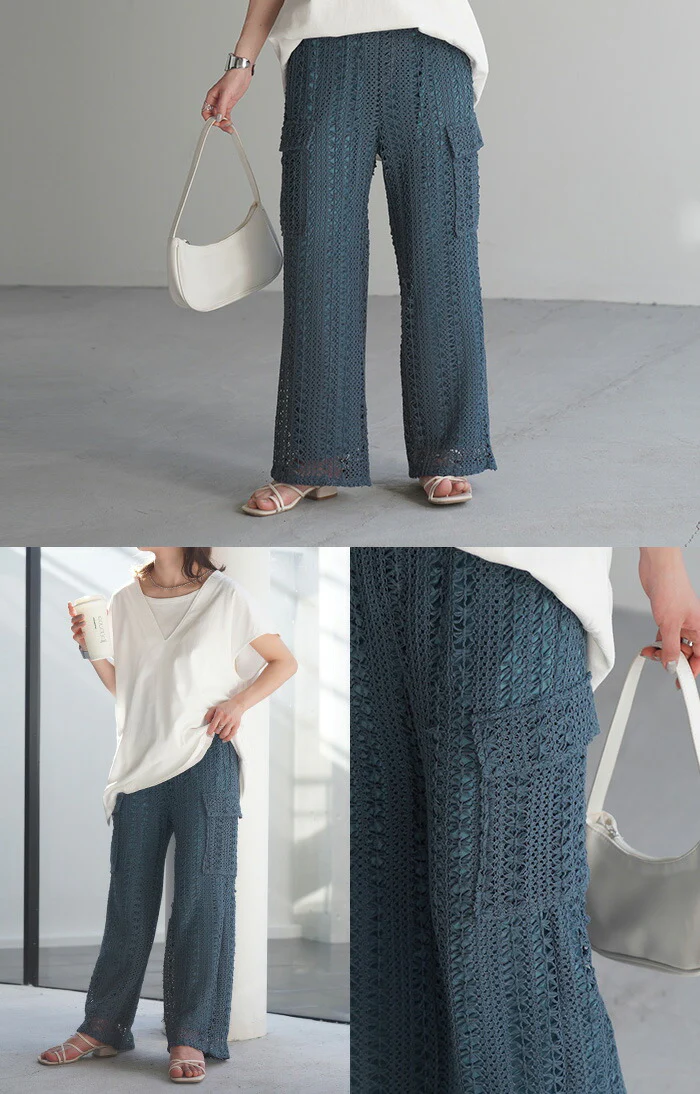 【夏セール】 パンツ レース ニット ニットパンツ レディース ワイド ワイドパンツ フレア フレアパンツ レギパン ロング ストレート カーゴ 花柄 ストレッチ ボトム 脚長 美脚 ボトムス ずぼん イージー ズボン ゴム シアー 黒 白 きれいめ おしゃれ 春 夏 HUG.U - Image 6