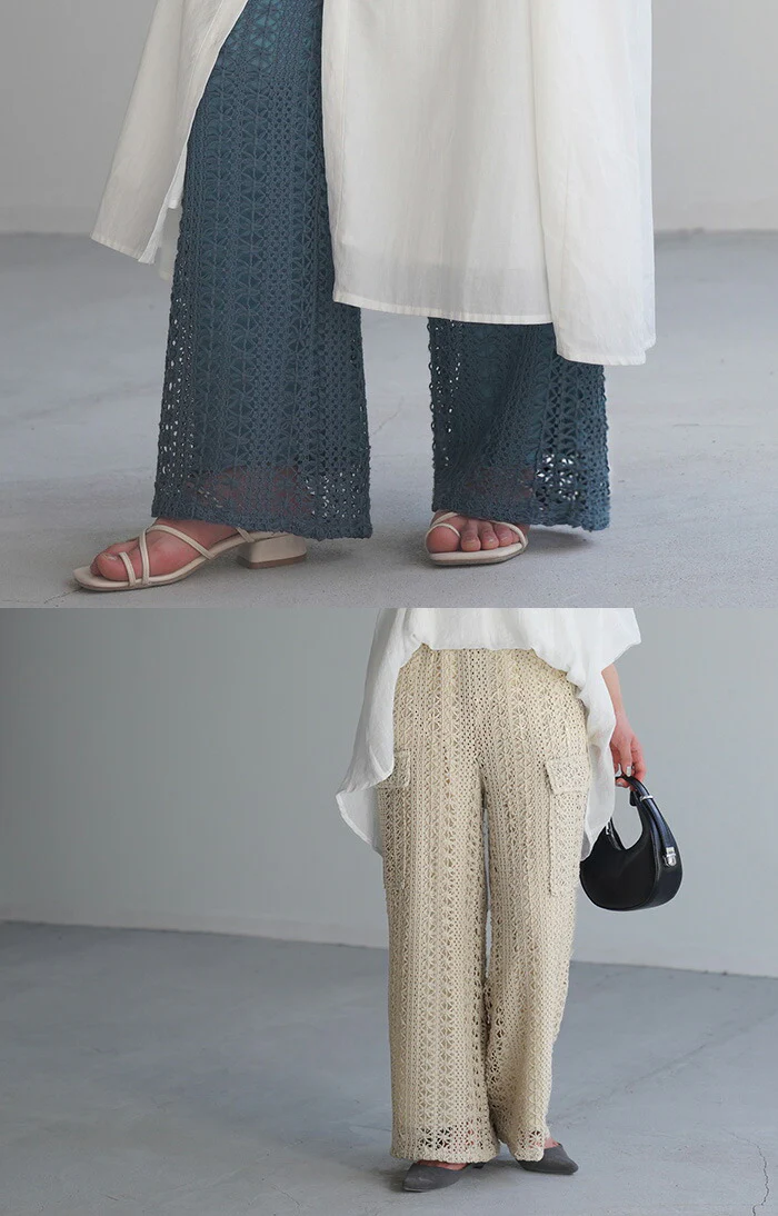 【夏セール】 パンツ レース ニット ニットパンツ レディース ワイド ワイドパンツ フレア フレアパンツ レギパン ロング ストレート カーゴ 花柄 ストレッチ ボトム 脚長 美脚 ボトムス ずぼん イージー ズボン ゴム シアー 黒 白 きれいめ おしゃれ 春 夏 HUG.U - Image 7