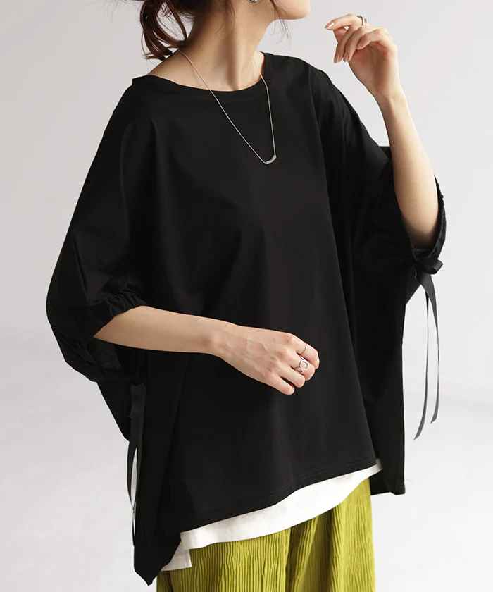 Tシャツ 体型カバー トップス コクーン 二の腕カバー レディース ドルマンスリーブ ギャザー ティーシャツ チュニック ビッグ プラスサイズ 半袖 大きいサイズ 長め 無地 綿100 ゆったり 変形シルエット ロング お尻が隠れる ブルー 白 黒 春 夏 HUG.U メール便 - Image 29
