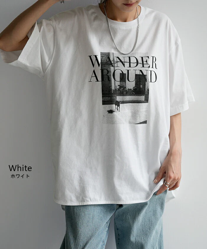 ロゴT フォト Tシャツ トップス プリント レディース ロング ロゴ スリット 半袖 チュニック 薄手 ゆったり Uネック ドルマン 体型カバー 二の腕カバー 綿100% ラウンドヘム ドロップショルダー 大きいサイズ カーキ 黒 白 春 夏 HUG.U メール便 - Image 13