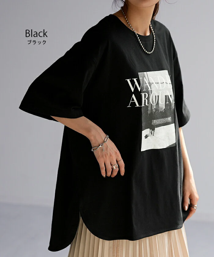 ロゴT フォト Tシャツ トップス プリント レディース ロング ロゴ スリット 半袖 チュニック 薄手 ゆったり Uネック ドルマン 体型カバー 二の腕カバー 綿100% ラウンドヘム ドロップショルダー 大きいサイズ カーキ 黒 白 春 夏 HUG.U メール便 - Image 18