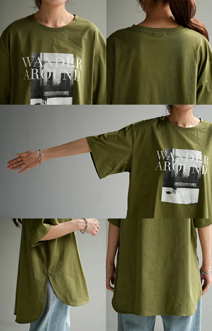 ロゴT フォト Tシャツ トップス プリント レディース ロング ロゴ スリット 半袖 チュニック 薄手 ゆったり Uネック ドルマン 体型カバー 二の腕カバー 綿100% ラウンドヘム ドロップショルダー 大きいサイズ カーキ 黒 白 春 夏 HUG.U メール便 - Image 22