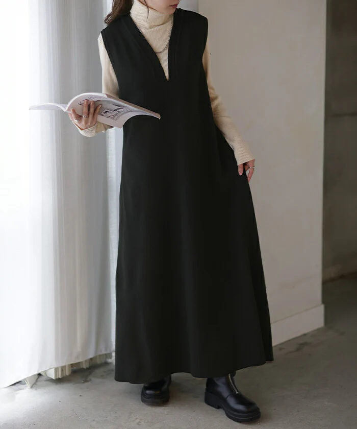 トップス ワンピース ニット ロング レディース ニットワンピース ロングワンピース 重ね着 レイヤード フレア Aライン ストレッチ 無地 Vネック ノースリーブ 大きいサイズ 体型カバー 長い ゆったり 大人 きれいめ 上品 カジュアル 黒 白 春 夏 HUG.U - Image 5