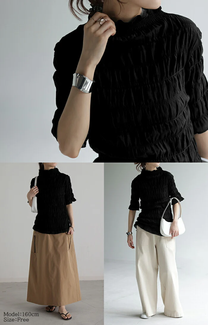 【夏セール】 トップス シアーインナー レイヤード レディース シャーリング ギャザー 肌隠し カットソー Tシャツ ティーシャツ 無地 立体 シアー インナー ハイネック メロウ 半袖 ロング 重ね着 ブラウス 変形 大人 おしゃれ きれいめ 体型カバー 黒 春 夏 HUG.U メール便 - Image 13