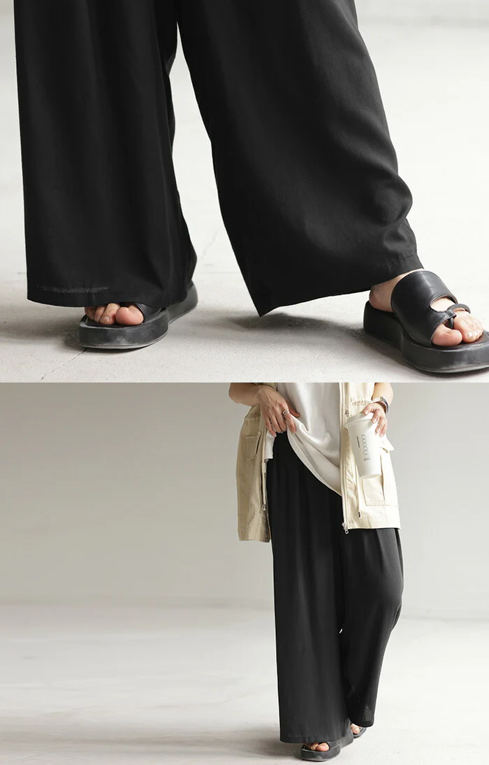パンツ タックパンツ ワイド カラーパンツ ワイドパンツ ロング ウエストゴム 太い ポケット タック リネン 体型カバー 脚長効果 涼しい 軽量 ハイウエスト ガウチョ バギーパンツ ズボン きれいめ 無地 大きいサイズ オレンジ 黒 春 夏 HUG.U - Image 14