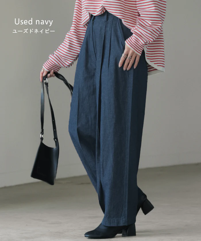 【夏セール】 低～平均身長さん「太ももゆったり。」 パンツ デニム 風 ペグトップ レディース タック リネン 混 テーパード コクーン クロップドパンツ ロング デニムパンツ ワイド ゴム 無地 薄手 ジーンズ ジーパン ボトム ズボン 大きいサイズ ブルー 春 夏 HUG.U - Image 12