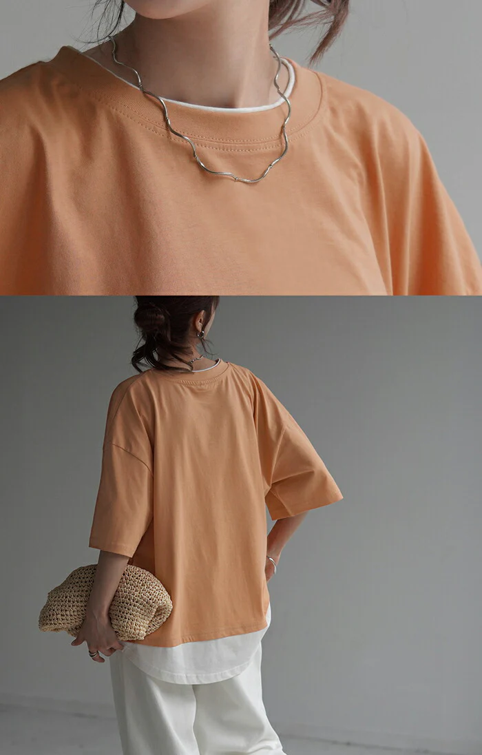 【21%OFF】 Tシャツ USA コットン レイヤード 風 カットソー 綿100％ 重ね着 二の腕カバー ドルマン ロング トップス ティーシャツ レディース インナー ビック チュニック 体型カバー 半袖 大きいサイズ Uネック お尻が隠れる 無地 白 黒 春 夏 HUG.U メール便 - Image 10