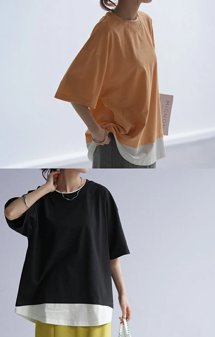 【21%OFF】 Tシャツ USA コットン レイヤード 風 カットソー 綿100％ 重ね着 二の腕カバー ドルマン ロング トップス ティーシャツ レディース インナー ビック チュニック 体型カバー 半袖 大きいサイズ Uネック お尻が隠れる 無地 白 黒 春 夏 HUG.U メール便 - Image 12