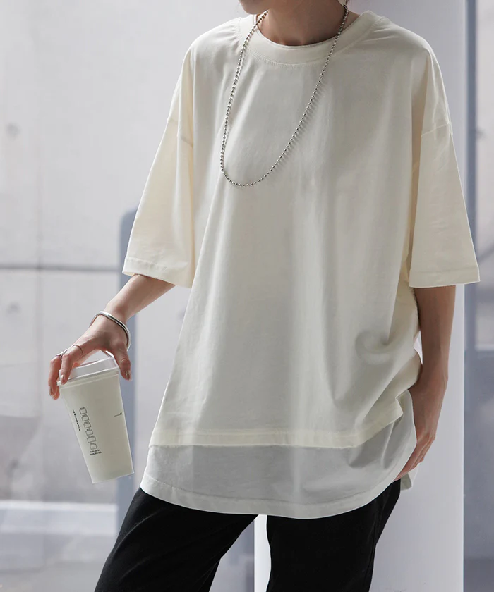 【21%OFF】 Tシャツ USA コットン レイヤード 風 カットソー 綿100％ 重ね着 二の腕カバー ドルマン ロング トップス ティーシャツ レディース インナー ビック チュニック 体型カバー 半袖 大きいサイズ Uネック お尻が隠れる 無地 白 黒 春 夏 HUG.U メール便 - Image 26