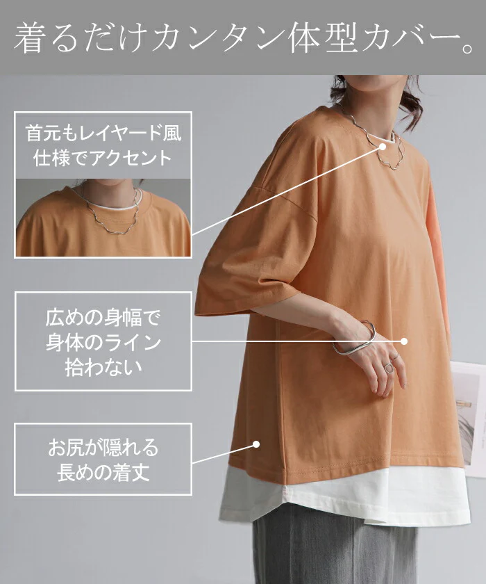 【21%OFF】 Tシャツ USA コットン レイヤード 風 カットソー 綿100％ 重ね着 二の腕カバー ドルマン ロング トップス ティーシャツ レディース インナー ビック チュニック 体型カバー 半袖 大きいサイズ Uネック お尻が隠れる 無地 白 黒 春 夏 HUG.U メール便 - Image 4