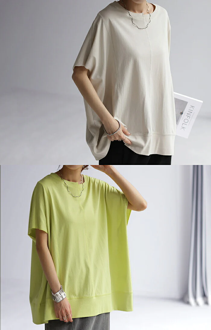 Tシャツ USAコットン バックスリット トップス 変形 二の腕カバー レディース ドルマンスリーブ カットソー チュニック ドルマン アシンメトリー 長め 半袖 無地 体型カバー ロング 変形シルエット Uネック 大きいサイズ イエロー 黒 白 春 夏 HUG.U - Image 11