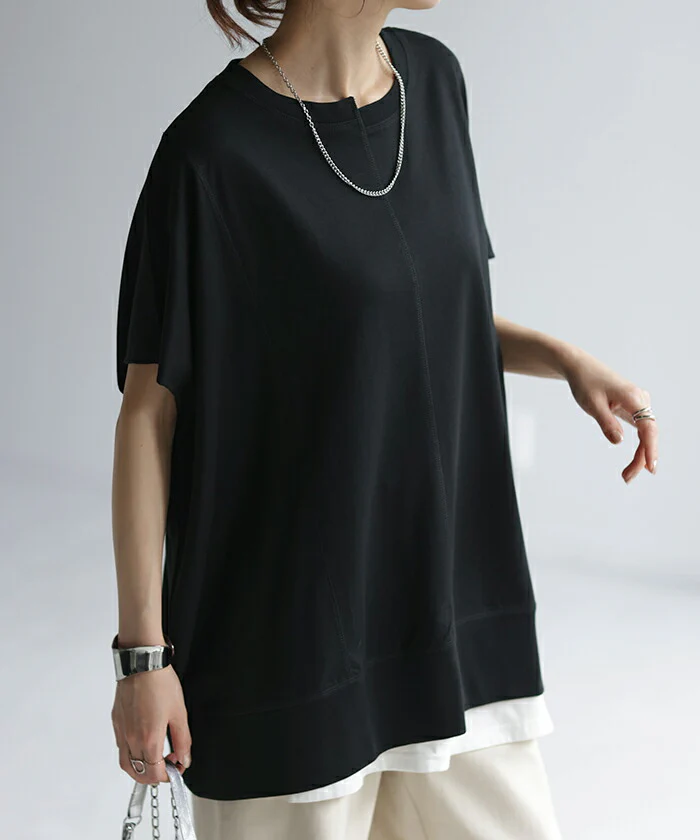 Tシャツ USAコットン バックスリット トップス 変形 二の腕カバー レディース ドルマンスリーブ カットソー チュニック ドルマン アシンメトリー 長め 半袖 無地 体型カバー ロング 変形シルエット Uネック 大きいサイズ イエロー 黒 白 春 夏 HUG.U - Image 5