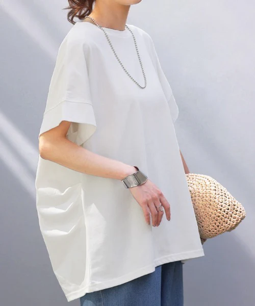Tシャツ 接触冷感 トップス 涼しい 薄手 チュニック ロング レディース タック カットソー Uネック ティーシャツ 変形 長い 半袖 ゆったり 変形シルエット 白T コクーン 長め 無地 お尻が隠れる ビッグ 大きいサイズ 白 ネイビー 黄色 春 夏 HUG.U メール便