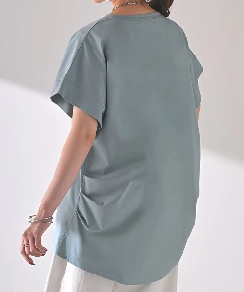 Tシャツ 接触冷感 トップス 涼しい 薄手 チュニック ロング レディース タック カットソー Uネック ティーシャツ 変形 長い 半袖 ゆったり 変形シルエット 白T コクーン 長め 無地 お尻が隠れる ビッグ 大きいサイズ 白 ネイビー 黄色 春 夏 HUG.U メール便 - Image 11