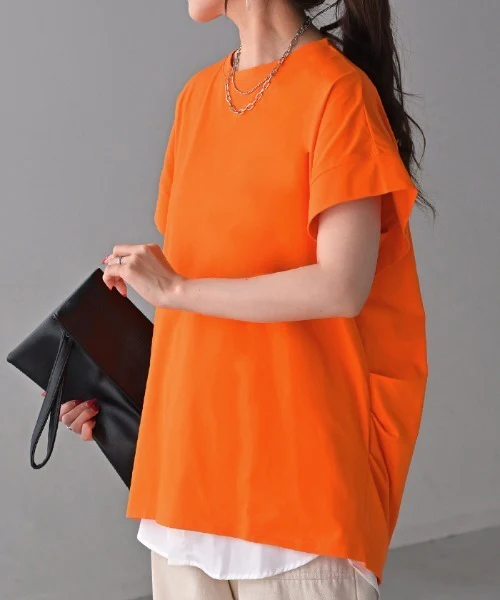 Tシャツ 接触冷感 トップス 涼しい 薄手 チュニック ロング レディース タック カットソー Uネック ティーシャツ 変形 長い 半袖 ゆったり 変形シルエット 白T コクーン 長め 無地 お尻が隠れる ビッグ 大きいサイズ 白 ネイビー 黄色 春 夏 HUG.U メール便 - Image 14